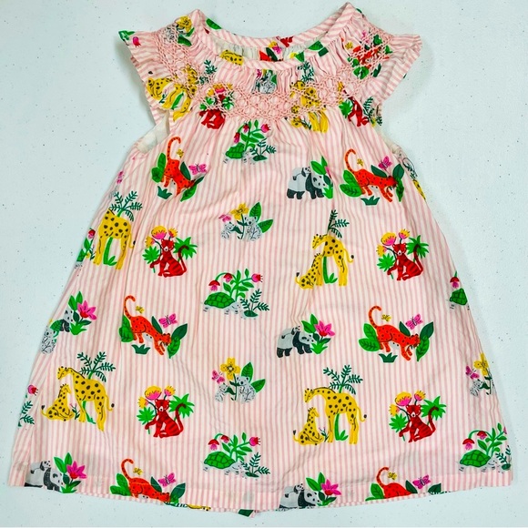 Baby Boden Smocked Dress Girls 12-18M Pink Jungle Print Stripes Mini Pandas - Picture 1 of 4